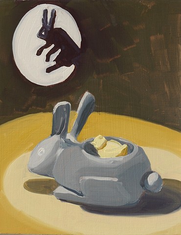 painting of a rabbit statue and a rabbit shadow puppet