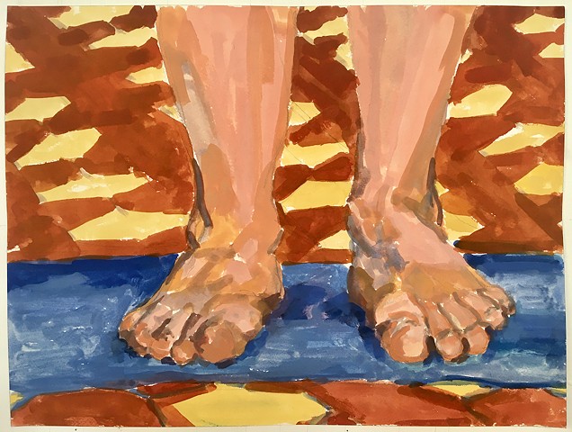 Feet on Blue Mat and Terra-cotta Tile