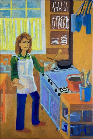 painting of a woman in a colorful kitchen