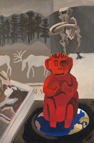 Red monkey sitting on Earth amidst images of mastedon skeleton, elk and bison