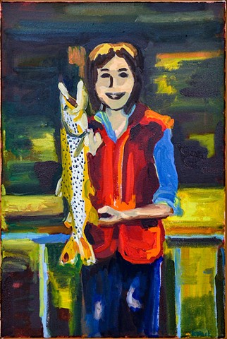 painting of a woman holding a large trout