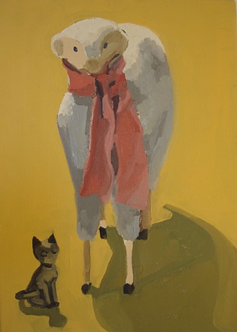 oil painting of Sheep and Cat figures
