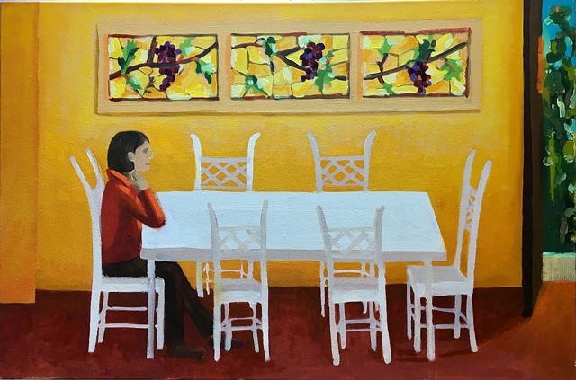 painting of a women at a table in a warm yellow room