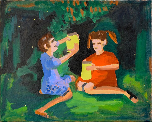 painting of two girls catching fireflies