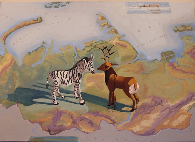 still life, map of Russia with zebra and reindeer