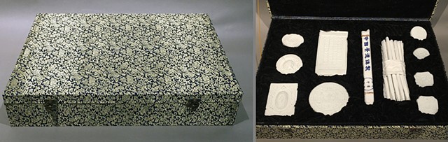 Porcelain objects in Chinese silk display box