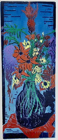woodcut, flowers, still life, multi-color woodcut