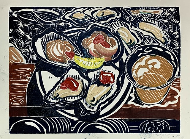Lino block print, nantucket summer, oysters and clams, block printing