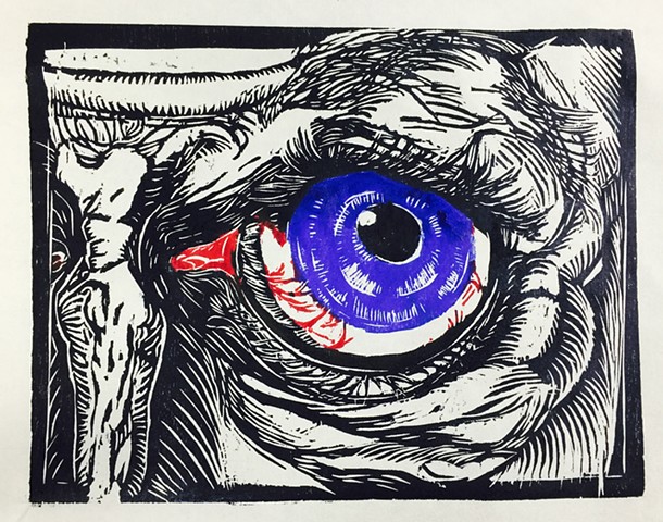 Woodcut, self-portrait, Age is in the eyes