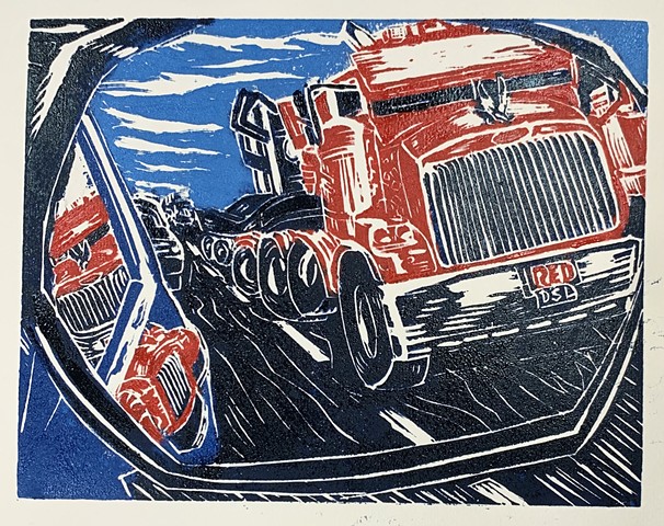 woodcut, lino block print, Deisel on my tail, Red Sovine, truck driving songs