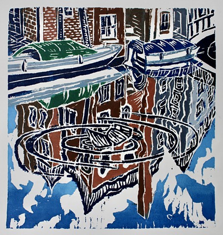 Reflections in a Venice Canal, woodcut print