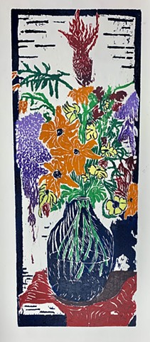 Woodcut, colored woodcut, Still Life, Flowers, woodcut of flowers