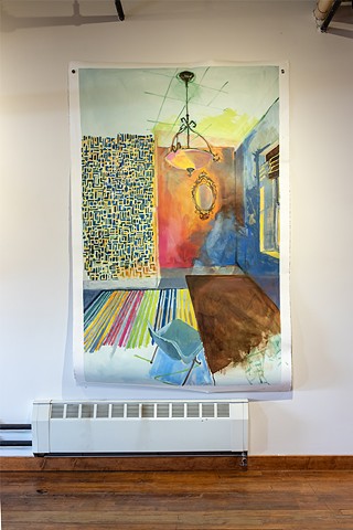 Corine van Hoeve  Chair and Window with Wallpaper and Mirror 2026 51” wide x 78” tall Oil on paper