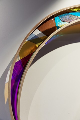 Natalie Hunter Phase Shift, Shades of Dawn 2022 | 2026 Hand shaped and curved birch, hand cut and mounted glass, colour film, light.  30" x 16" x 5" each, 60" x 60" installed.