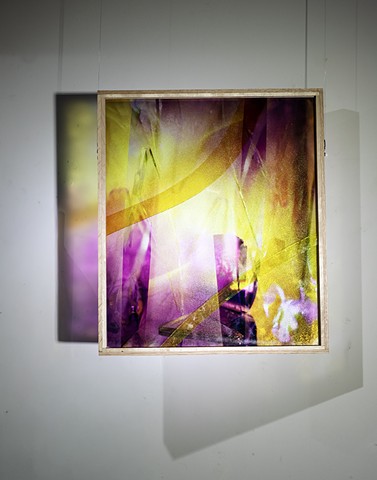 Natalie Hunter %Piecing Light, Mirror Window 01% 2025-2026 UV print on glass from 120mm negative, oak, varnish, hand cut and inlayed glass, light. 16" x 20" x 2". Suspended photo-based sculpture.