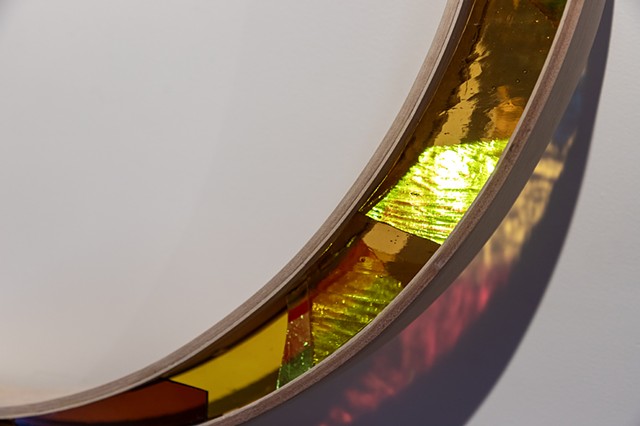 Natalie Hunter Phase Shift, Shades of Dawn 2022 | 2026 Hand shaped and curved birch, hand cut and mounted glass, colour film, light.  30" x 16" x 5" each, 60" x 60" installed.