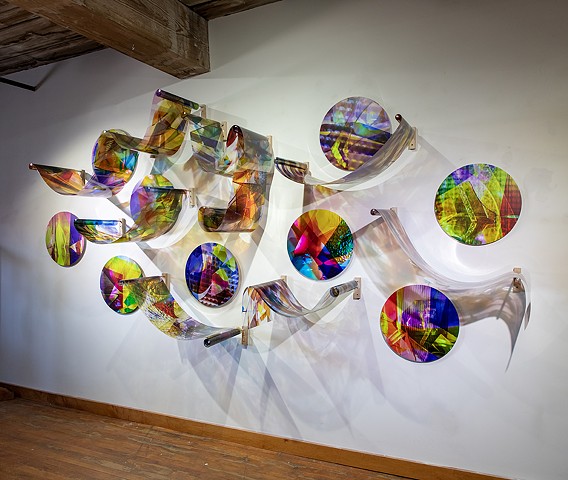 Natalie Hunter, Piecing Light Portals, Light falling remembering how to fall, transparent film, glass