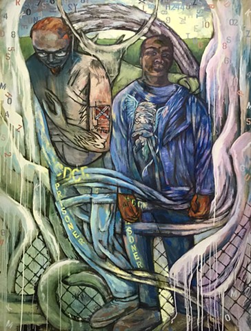 This painting depicts an uneasy alliance of three men in prison, where individuals are often identified by their ID number, and sometimes, gang affiliation. Yet, friendships still flourish in these unusual and unpredictable circumstances.