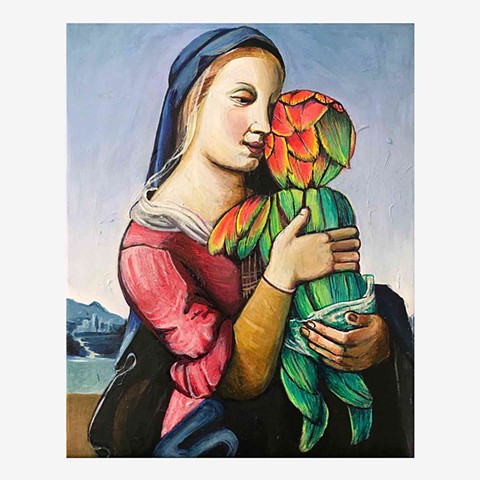 Feminist artwork inspired by Italian Renaissance paintings of Madonna and Child, showing a woman with fruit, waves, stars, flowers, trees and animals. Painted by JL Maxcy