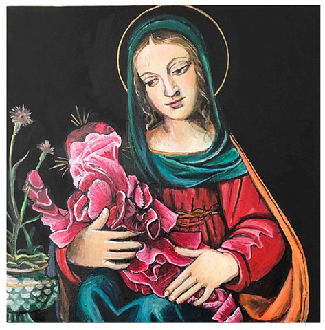 Feminist artwork inspired by Italian Renaissance paintings of Madonna and Child, showing a woman with fruit, waves, stars, flowers, trees and animals. Painted by JL Maxcy