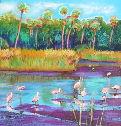 Spoonbills, Gulfcoast Wild Florida, saltmarsh, palms