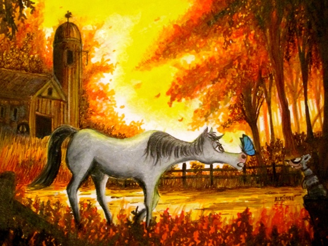 fall,Horse,autumn,barn,red,trees, children, illustration,colorful,bright,colors,beautiful