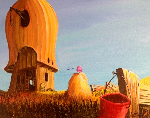 Farm,fence,hey,hat,bucket,children illustration