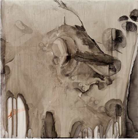 Sumi Ink, Colored Ink, Oil Stick, Wood Glue on White Polypropylene, mounted on Wood Board