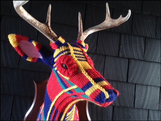 sweater faux deer stag antler taxidermy 80's primary colors plaid