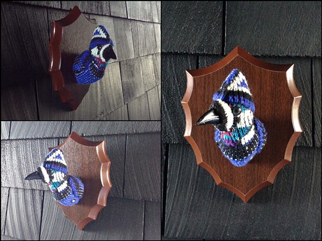 sweaty faux taxidermy corvid blue jay cosby 80's ugly sweater