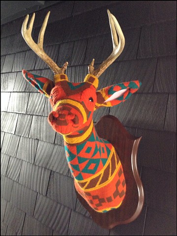 Sweater faux deer stag antler taxidermy 80's orange modern turquoise geometric