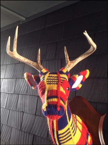 Sweater faux deer stag antler taxidermy 80's primary colors plaid