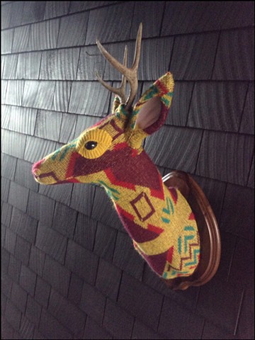sweater faux deer stag antler taxidermy 80's yellow tribal geometric