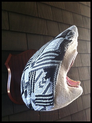 Photograph of Sweaty Great White Shark Jaws Faux Taxidermy Cosby 80's Sweater