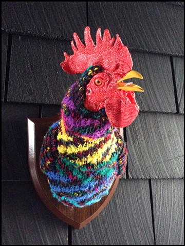 sweater faux taxidermy chicken rooster cock crowing 80's rainbow