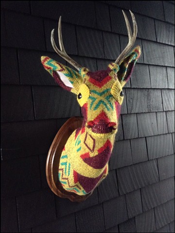 Sweater faux deer stag antler taxidermy 80's yellow tribal geometric