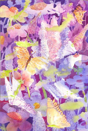 somewhat abstract watercolor of butterflies and flowers 