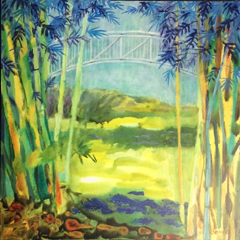 water media painting on canvas,Plein Air, Forida landscape, bamboo, bridge
