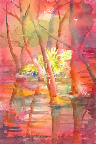 traditional transparent watercolor depicting wooded river scene, non traditional color