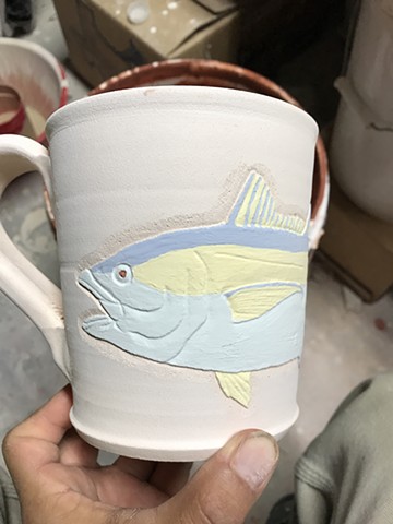 Hand Carved Yellow Tuna Fish Mug Pre-Fired (a)
