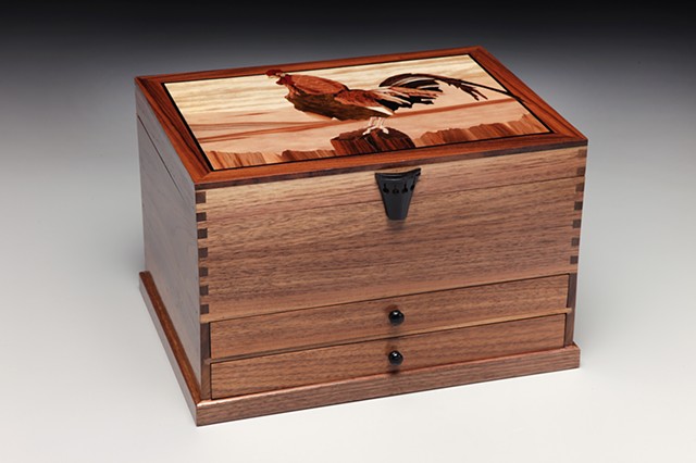 Marquetry Walnut Jewelry Box (front view)
Handmade Wooden Hinges, 
Violin Tail Piece Handle and End Pin Drawer Pulls


