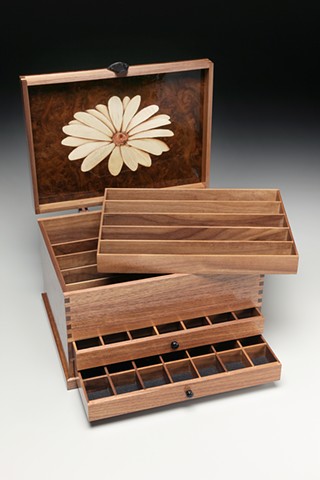 Marquetry Walnut Jewelry Box 
(inside view)
Handmade Wooden Hinges, 
Violin Tail Piece Handle and End Pin Drawer Pulls
