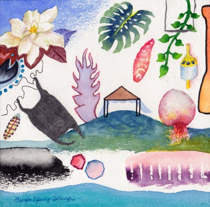 Mermaid's Purses are egg cases for Skates and Sharks, and these very black cases wash up on the beach. The boat oar, buoy, gardenia, crab claw and beach cabana all represent a magical birth of a place where a real mermaid may live and play