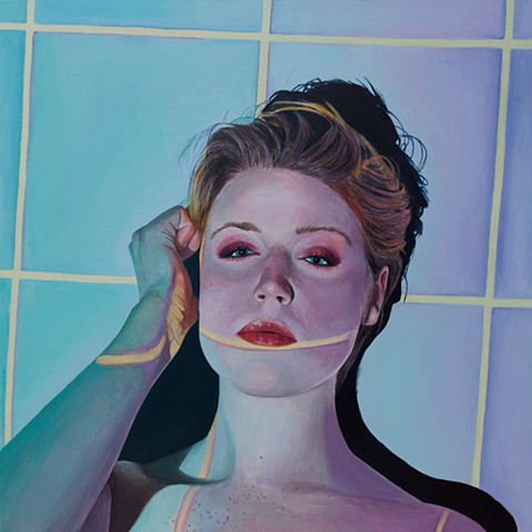 Portrait of my sister, Elyssa. Projection source is a pastel geometric pattern reminiscent of the year 2000. emily lovejoy art artist painting new orleans