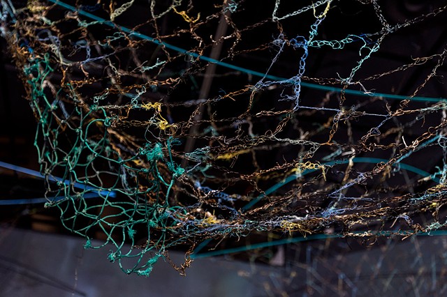 seaweed, sea grass, found nautical ropes, strings and fishing nets, wood, projection, sound, Dimitra Skandali, Samantha Reynolds, ProArts, Oakland, 2x2 solos, refugees, Aegean Sea, Greece 