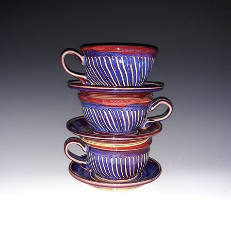 Janet Buskirk Mug Ceramic Stoneware Porcelain Hand Made Cup saucer purple blue