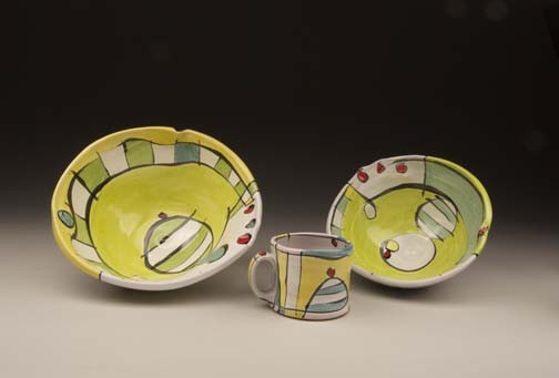 bowls,mug, jim koudelka, decorated, earthenware, functional