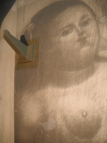 Art site-specific installation women's bathroom overhead projector collaged found images Botero advertisement concept beauty self-esteem  by Jenna Knoblach