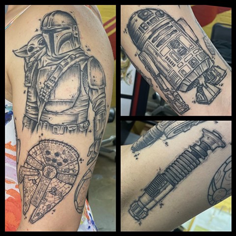 Mandalorian tattoo, Yoda tattoo, R2-D2 tattoo, millennium falcon tattoo, Star Wars tattoo, Tad Peyton tattoo, Jinx Proof Tattoo, Washington D.C. tattoo, Absolute Art Tattoo, Richmond Va tattoo 