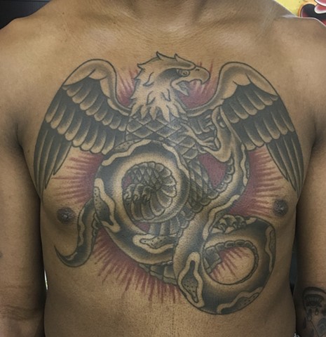Eagle and snake tattoo, chest eagle tattoo, chest piece tattoo, Tad Peyton tattoo, Jinx Proof Tattoo, Washington D.C. tattoo, Absolute Art Tattoo, Richmond Va tattoo